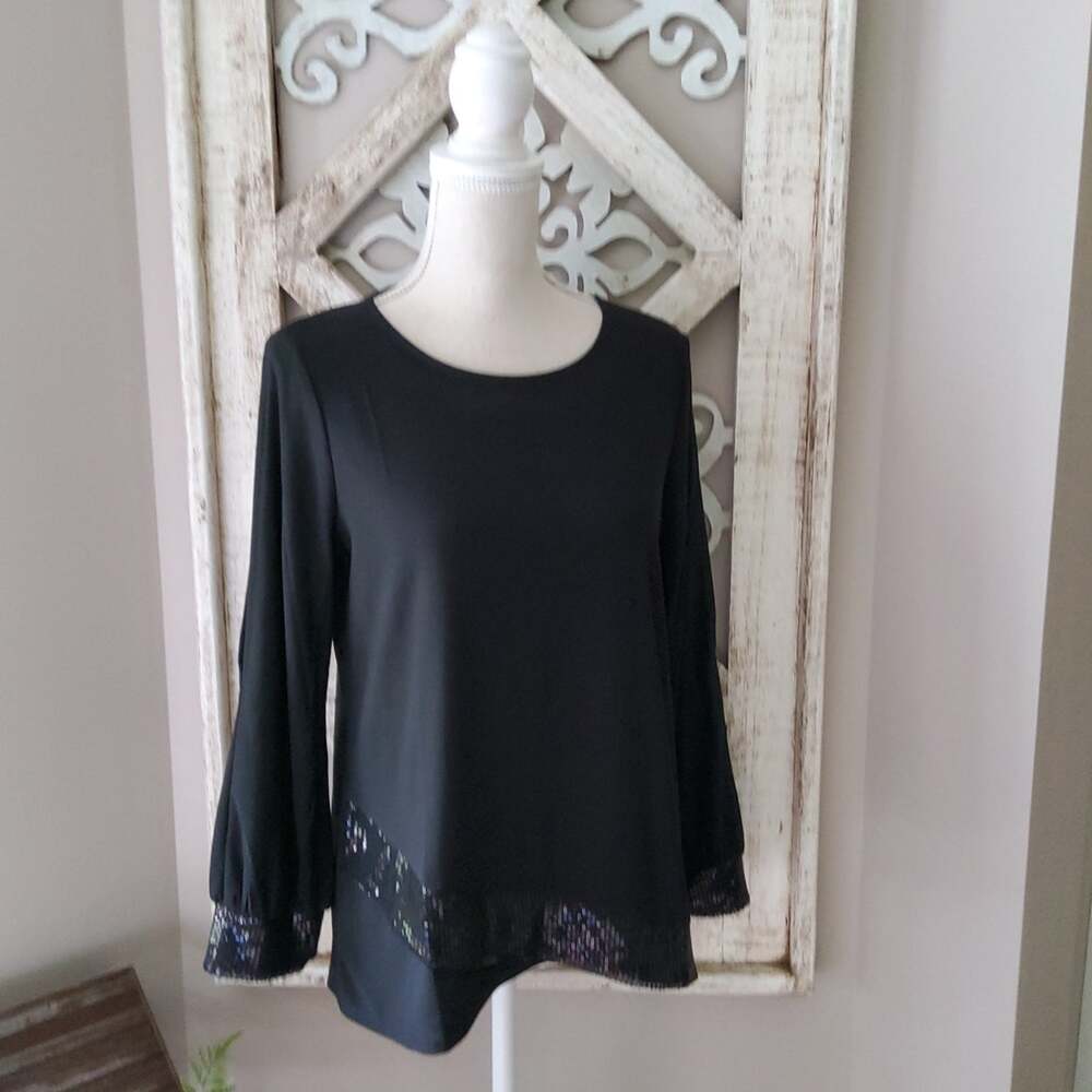 NY Collection Knit Top with Slit Sleeves and Sequin Hem Cuffs in Black Medium